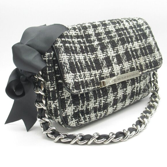 My Flat in London "Colette” Hand Bag w/Bow Black & White Chevron Tweed #H62153 - Picture 8 of 9